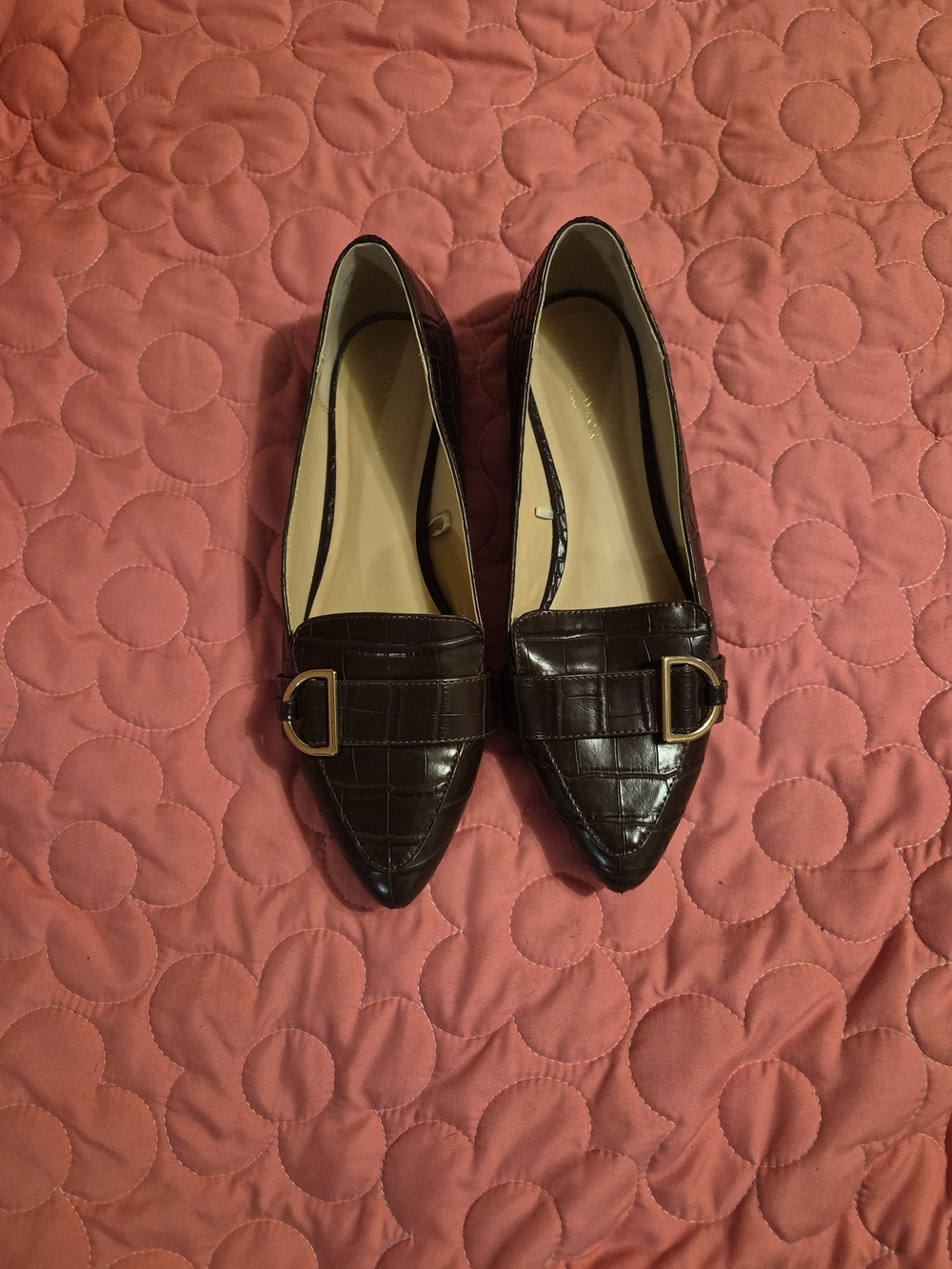 Ann Taylor Croc-Embossed Pointed Toe Flats with Gold Buckle - Dark Brown